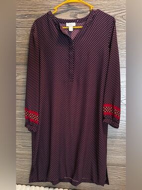 LOFT Burgundy Polka Dot Long-Sleeve Shift Dress with Red Cuff Trim